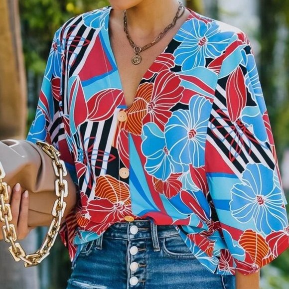 Boho Floral Print Blouse BLUE - Picture 4 of 7